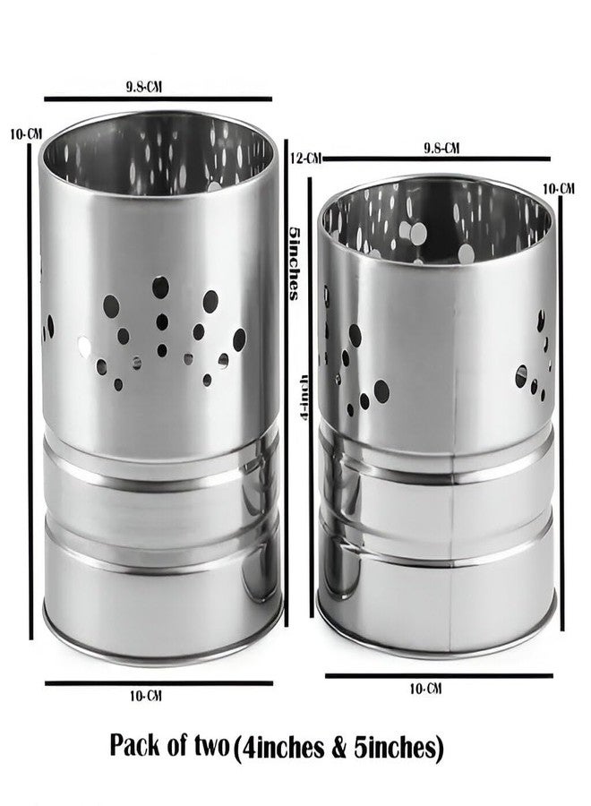 EvoFlex Stainless Steel Utensil Holder Set with Stand, Spoon Stand 4 and 5 Inches, Pack of 2, Silver - Image 2